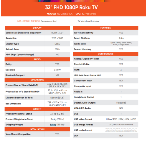 Open Box - Onn. 32” FHD 1080p Roku Smart TV (100122566-CA), 3 HDMI, 60 Hz